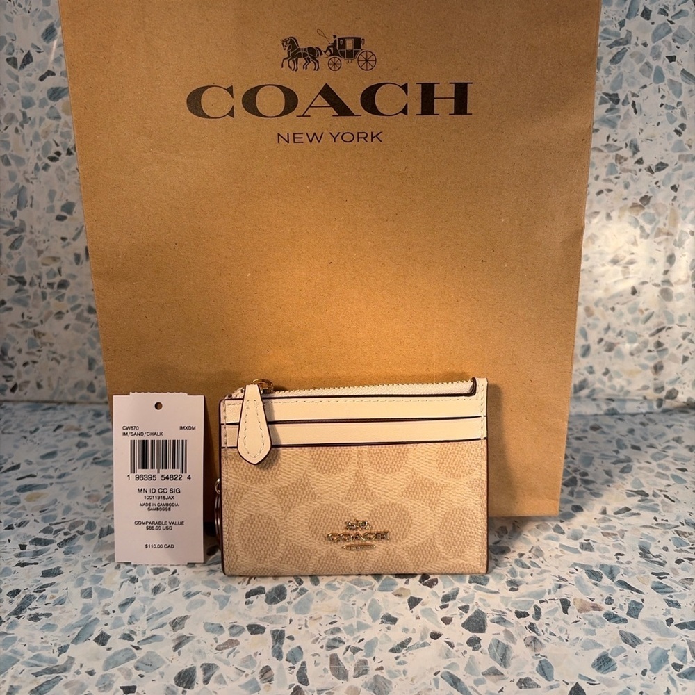 Coach Mini ID Card Case Signature Canvas Sand Chalk CW870